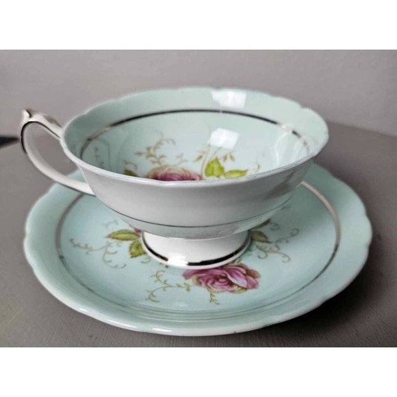 Rare Paragon Aqua Blue/Green Tea Cup and Saucer, Pink Roses, 1930s - Picture 4 of 9